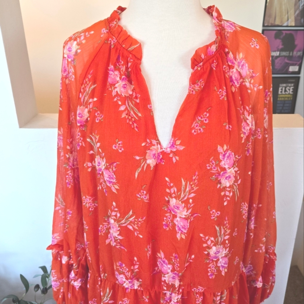 VINCE CAMUTO Orange Floral Georgette Longsleeve Lined Dress XXL Summer Casual - Picture 5 of 9